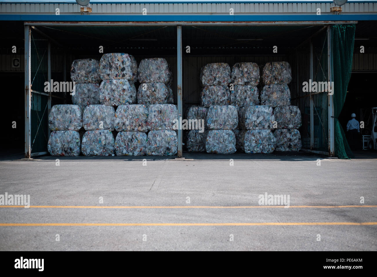 Pictures shows compressed plastic waste at Ichikawa Kankyo Engineering recycle center in Narashino, Chiba prefecture on August 10, 2018. Tokyo's Katsushika city office brings some 10 tons of plastic recyclable resources to the recycle center daily. In June, China banned import of plastic waste from oversea, Japan used to send 510,000 tons every year. 10 August 2018 Credit: Nicolas Datiche/AFLO/Alamy Live News Stock Photo