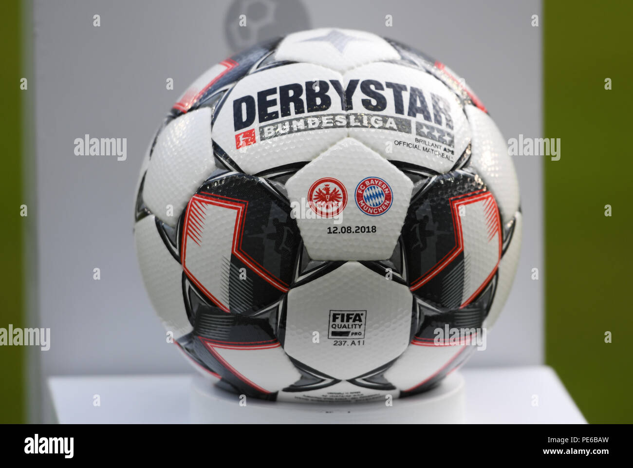 Frankurt am Main, Germany. 12th Aug, 2018. Soccer: DFL-Supercup, Eintracht  Frankfurt vs Bayern Munich in the Commerzbank-Arena. The official DFL match  ball of Derbystar with the club logos of both teams. Credit: