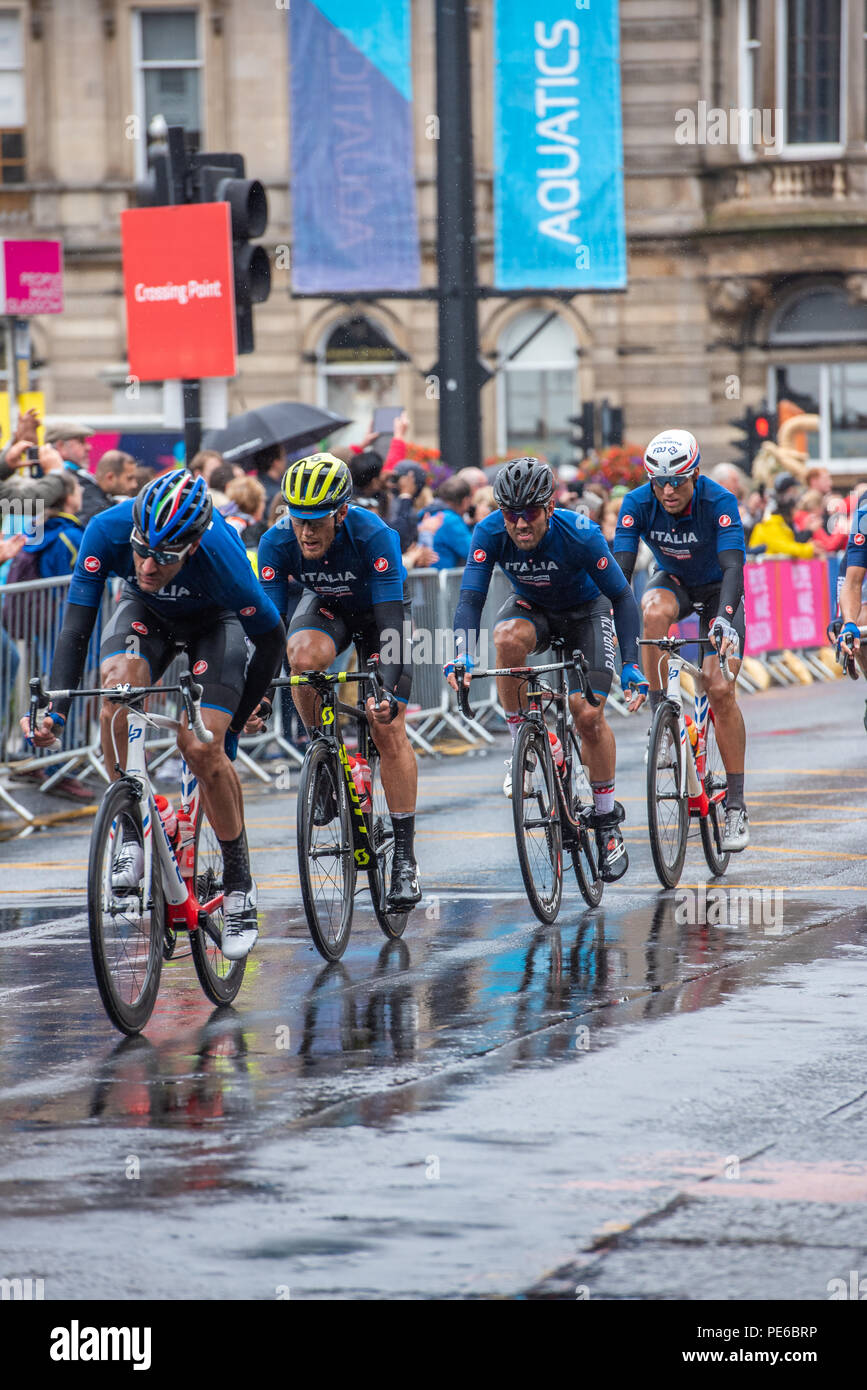 Glasgow, Scotland. 12th Aug, 2018. Competitors at the European Championship Mens Cycling Road Race in Glasgow, Scotland. Credit George Robertson/Alamy Live News Stock Photo