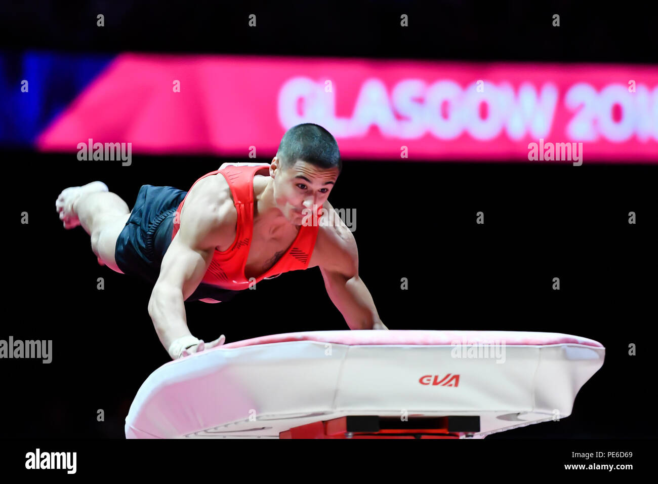 Glasgow, Scotland, UK. 12th August 2018. competes on the Vault in Men's Artistic Gymnastics Apparatus Finals during the European Championships Glasgow 2018 at The SSE Hydro on Sunday, 12  August 2018. GLASGOW SCOTLAND. Credit: Taka G Wu Stock Photo