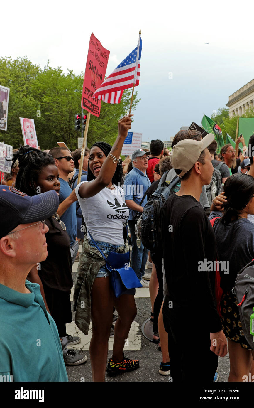 Washington D.C. USA.  12th August, 2018.  Counterdemonstrators march in Washington D.C. towards Lafayette Square where the 'Unite the Right 2' rally of the alt-right is being held. Credit: Mark Kanning/Alamy Live News. Stock Photo
