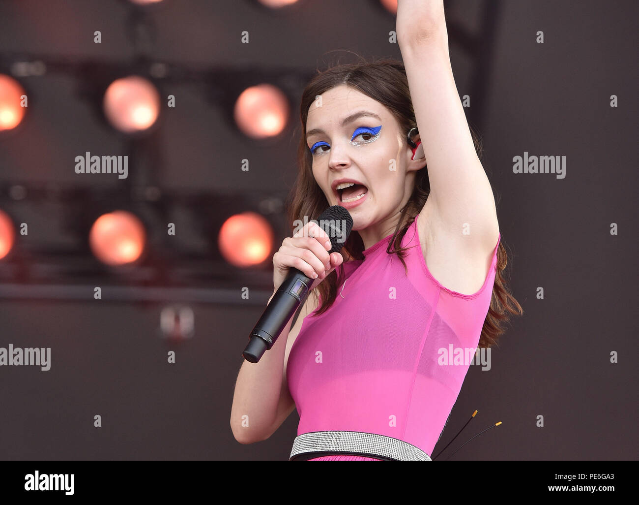 San Francisco, Ca. 11th Aug, 2018. Lauren Mayberry of Chvrches performs  during the 2018 Outside Lands Music and Arts Festival at Golden Gate Park  on August 11, 2018 in San Francisco, California.