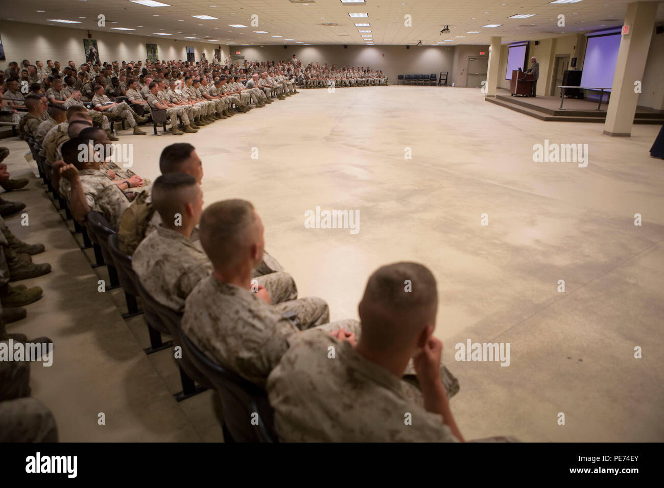 Medal of Honor Recipient Marine Col. Wesley L. Fox (retired), speaks to the Marines of Fox Company, Marine Combat Training Battalion, School of Infantry-East, during a scheduled visit with the Marine Corps Association on Camp Geiger, Oct. 19, 2015. Col. Fox is a retired Marine of 43 years who served in the Korean War and was awarded the Medal of Honor for his actions in the Vietnam Conflict. (Marine Corps photo by SOI-East Combat Camera, Cpl. Andrew Kuppers/Released) Stock Photo