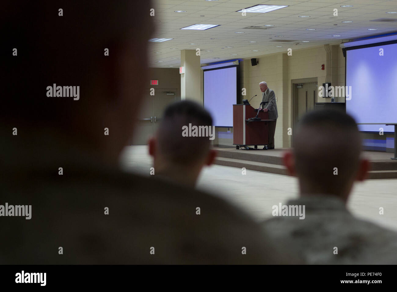 Medal of Honor Recipient Marine Col. Wesley L. Fox (retired), speaks to the Marines of Fox Company, Marine Combat Training Battalion, School of Infantry-East, during a scheduled visit with the Marine Corps Association on Camp Geiger, Oct. 19, 2015. Col. Fox is a retired Marine of 43 years who served in the Korean War and was awarded the Medal of Honor for his actions in the Vietnam Conflict. (Marine Corps photo by SOI-East Combat Camera, Cpl. Andrew Kuppers/Released) Stock Photo