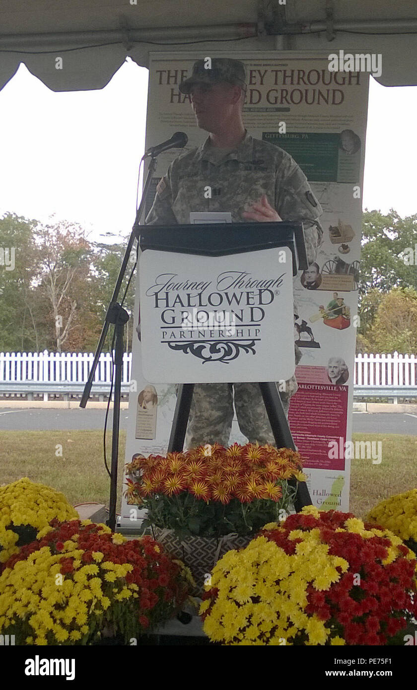 Capt. Dustin Wolfgang of the 1-108th Field Artillery, 28th Infantry Division, Pennsylvania National Guard, addresses a crowd during a tree-planting ceremony Oct. 17, 2015. The ceremony was held as part of a regional effort to plant a tree for each of the approximately 620,000 Civil War casualties. Stock Photo