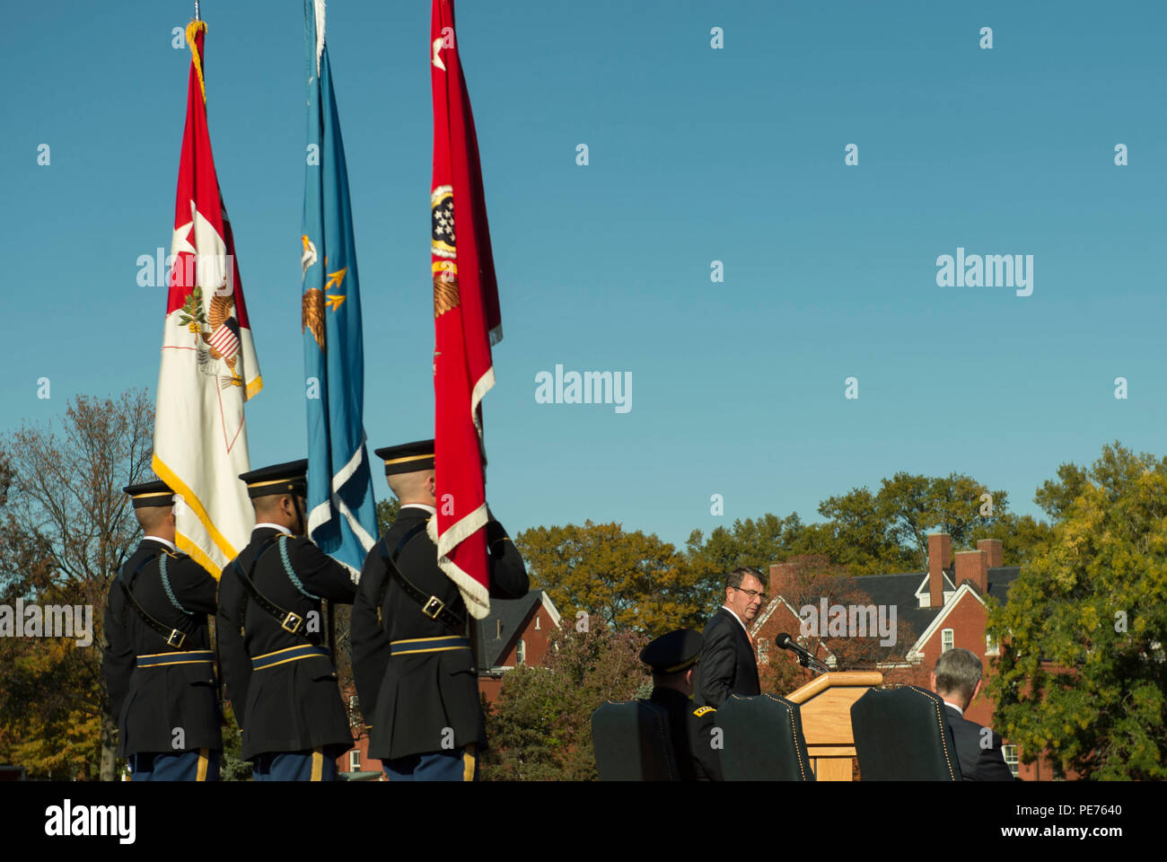 Secretary of Defense Ash Carter delivers remarks at a farewell ceremony honoring Army Secretary John M. McHugh at Joint Base Myer-Henderson Hall, Va., Oct. 23, 2015. (Photo by Senior Master Sgt. Adrian Cadiz/Released) Stock Photo