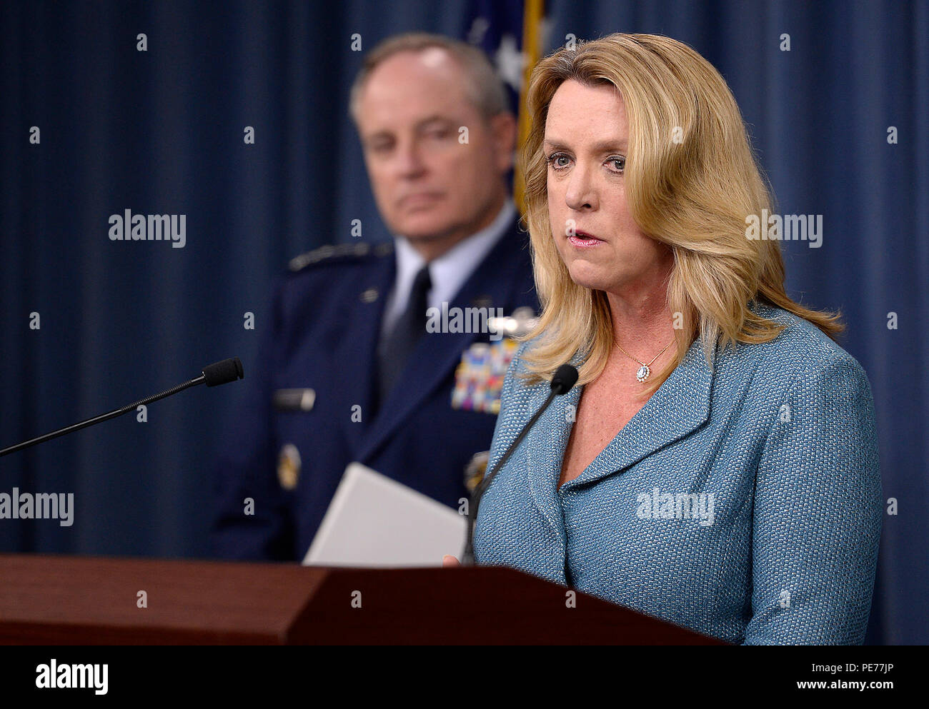 Secretary of the Air Force Deborah Lee James makes the announcement about  of the award of the long range strike bomber contract with Air Force Chief  of Staff Gen. Mark A. Welsh