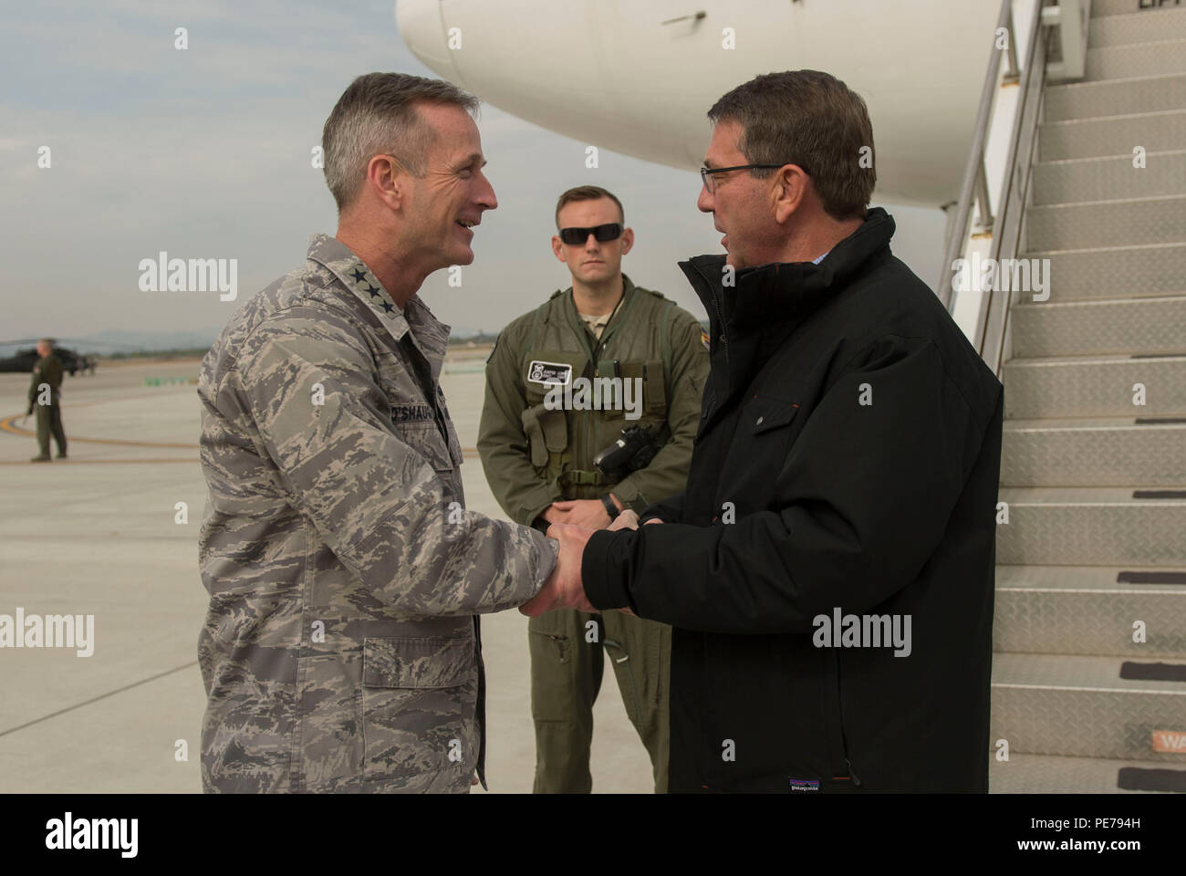 Secretary of Defense Ash Carter is greeted by Lt. Gen. Terrence O