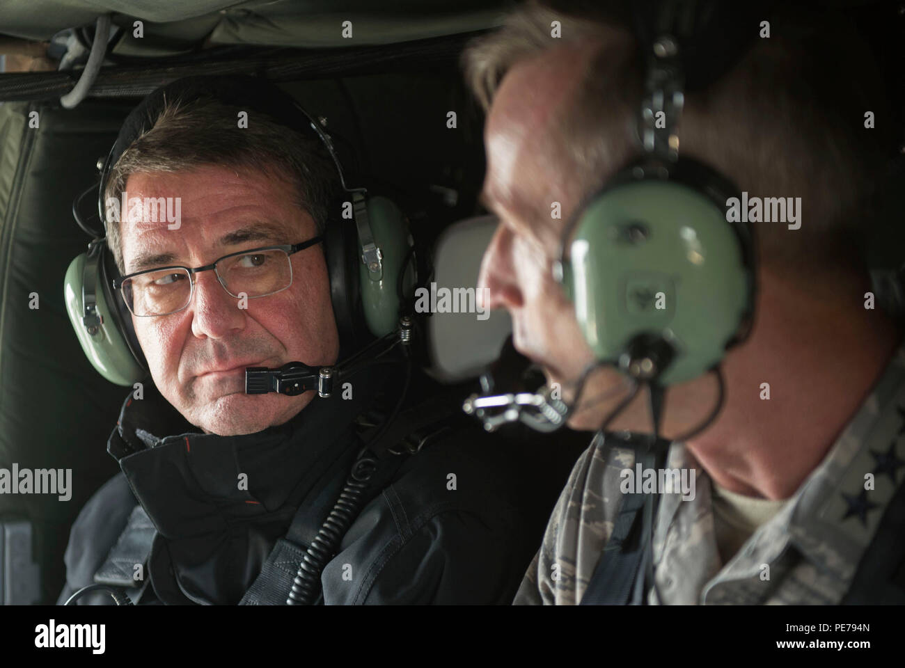 Secretary of Defense Ash Carter speaks with Lt. Gen. Terrence O