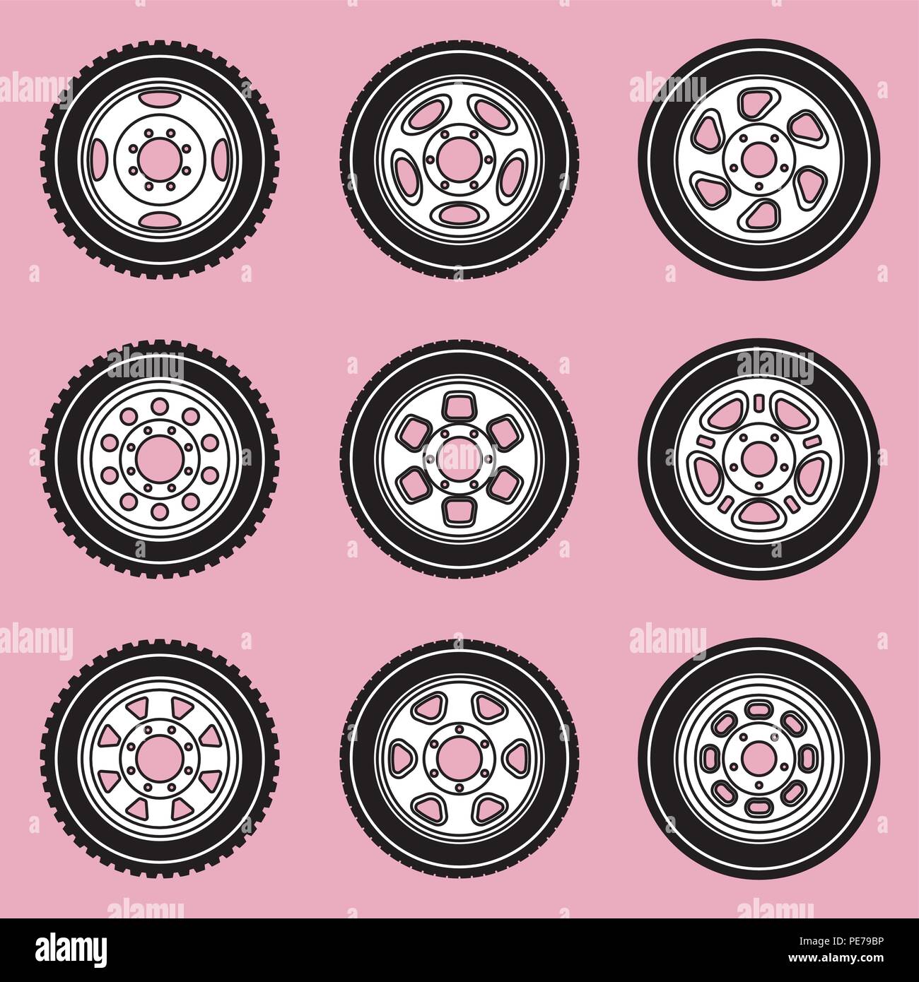 Lightweight truck wheel icon set on pink backgrounds. Flat vector Stock Vector