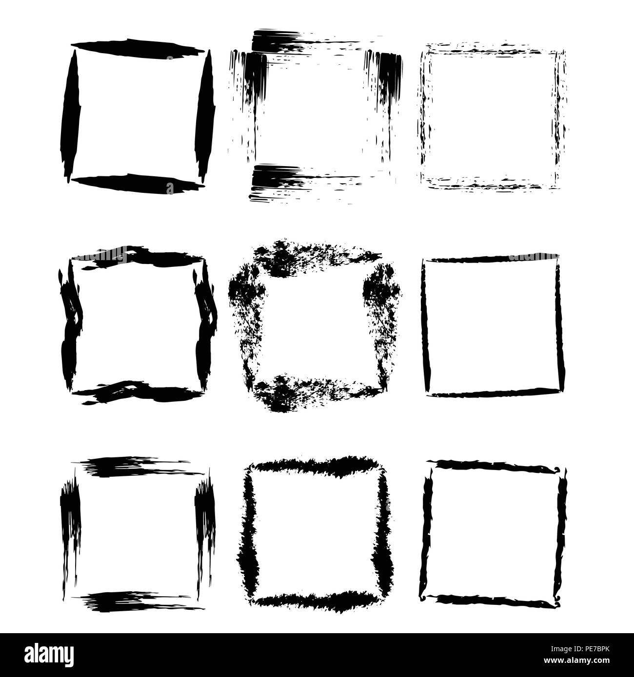 Set of grunge square frames. Collection of black borders. Vector
