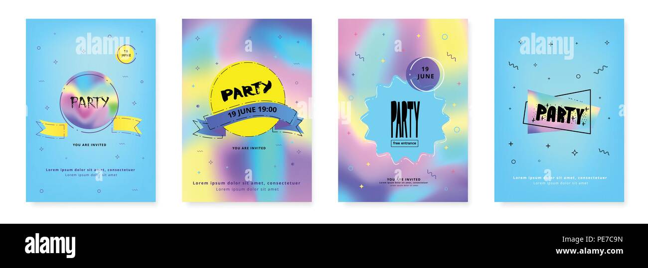 Set of Vertical Party flyers. Holography elements. Template for holiday design. Vector illustration. Stock Vector