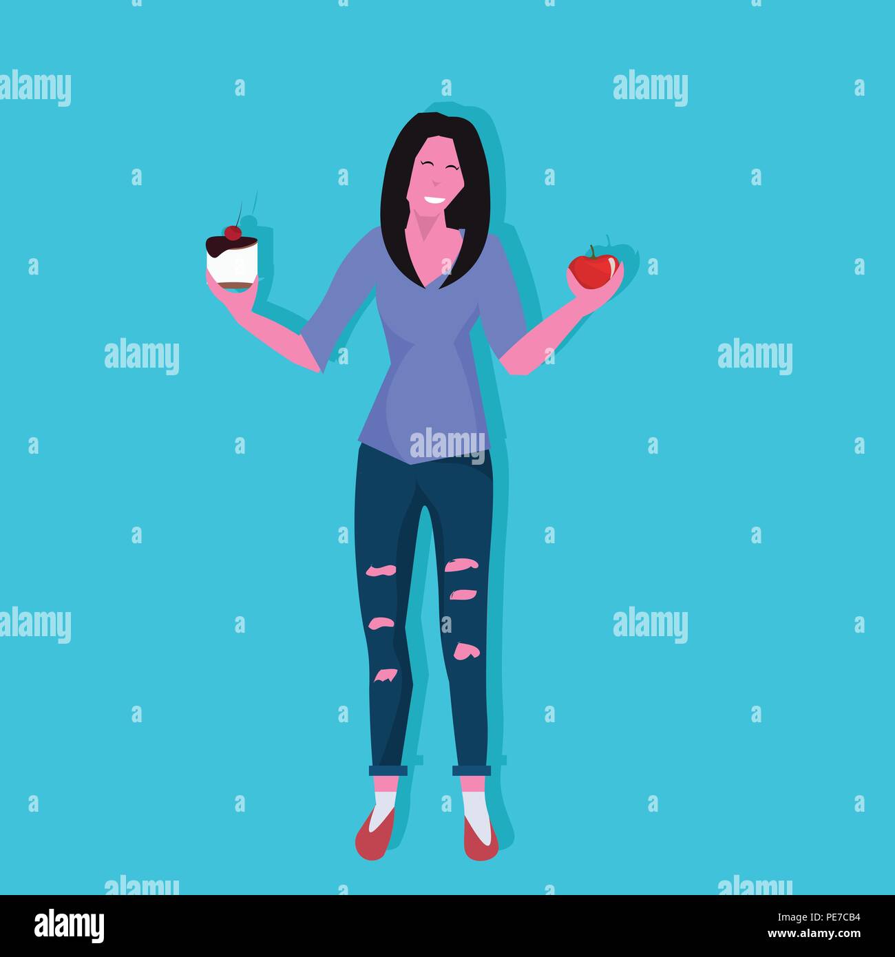 woman holding cake apple resist temptation making right dietary choice weight loss diet dilemma concept female cartoon character flat full length Stock Vector