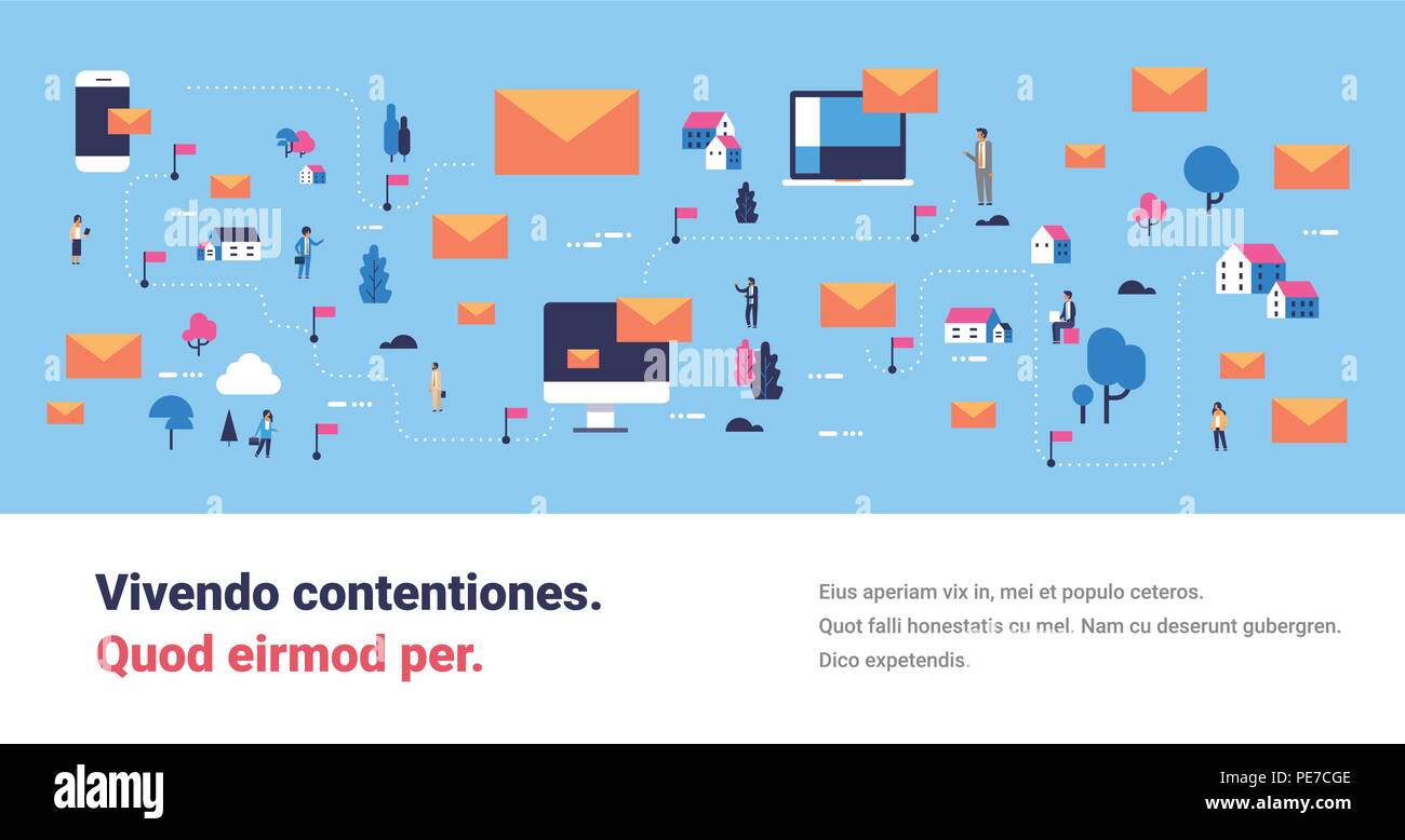 message mobile computer application messenger people communication map isometric concept online mail envelope horizontal banner blue background copy space flat Stock Vector