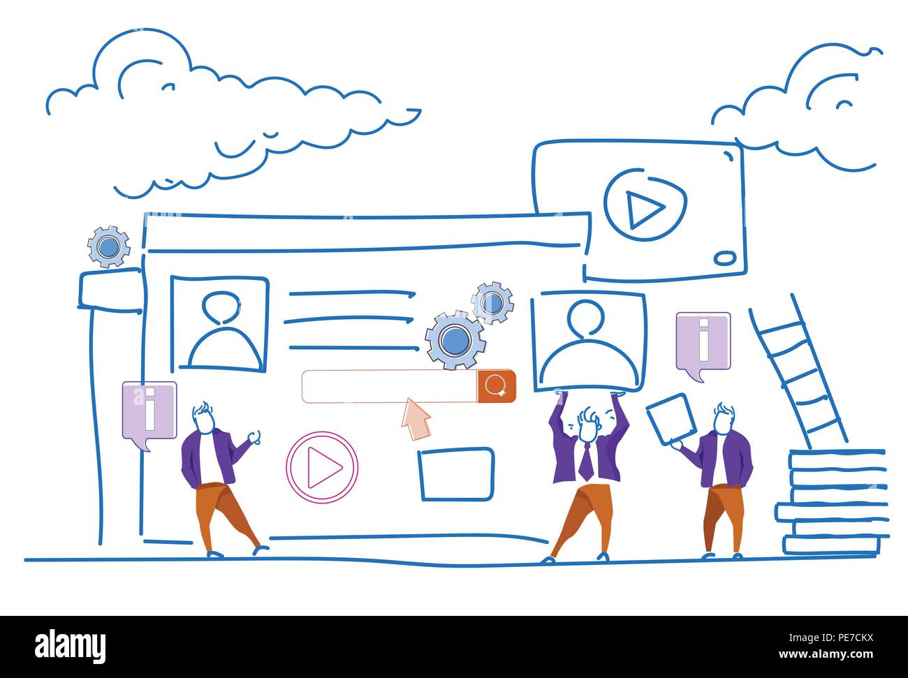 media player online video webinar profile concept business people working together sketch doodle horizontal Stock Vector