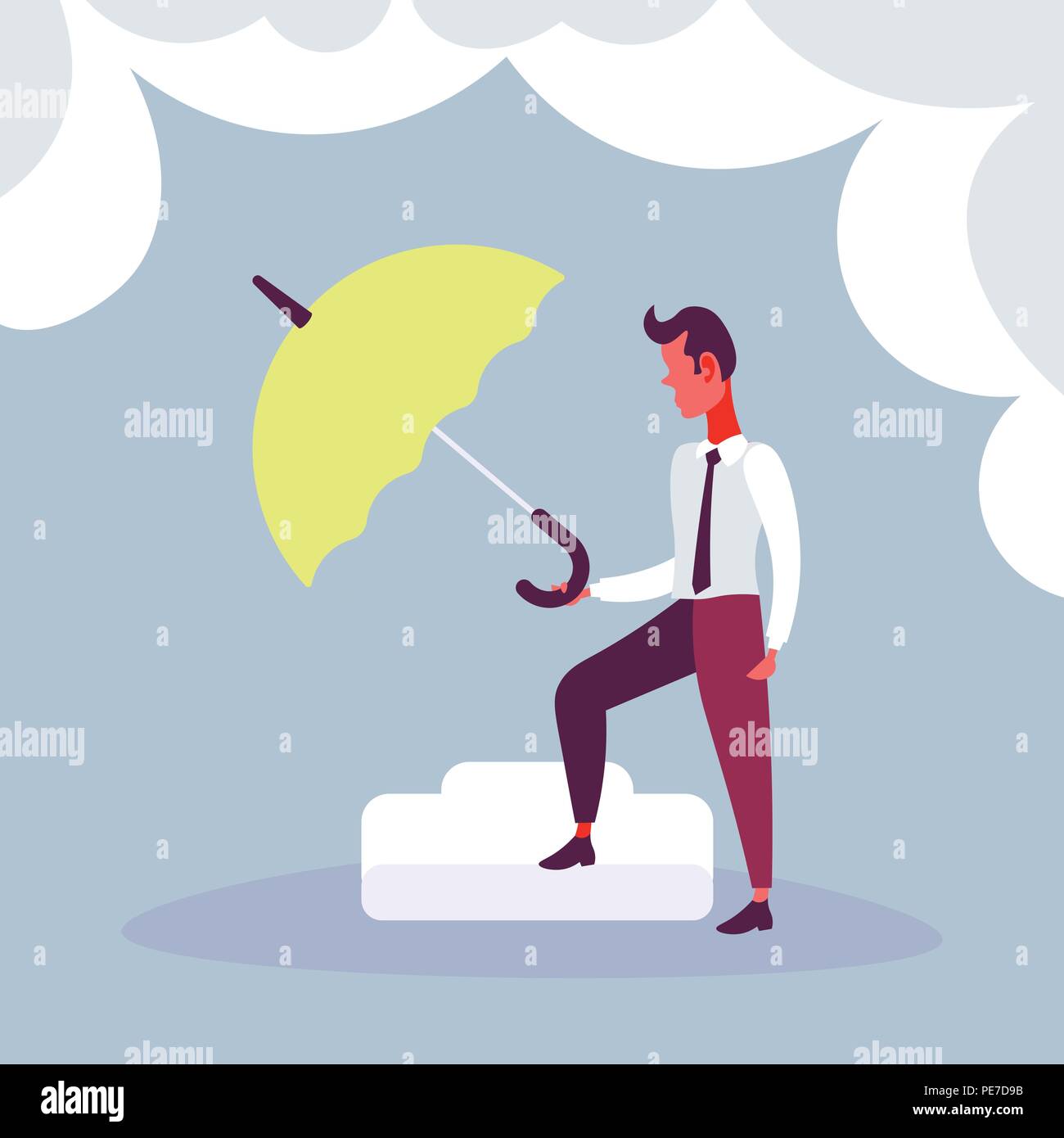 Businessman hold green umbrella colorful risk crisis protection concept ...