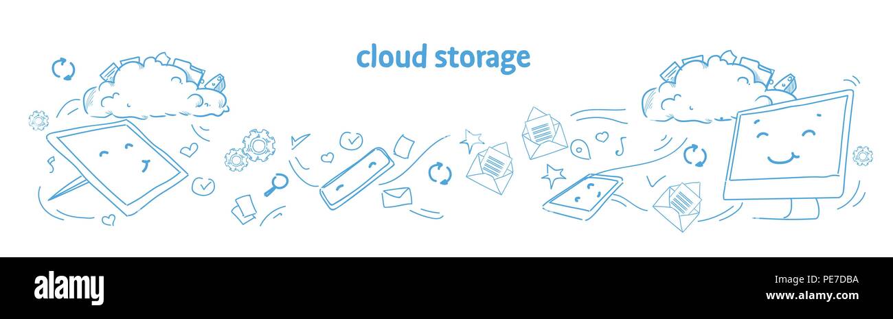 Data cloud storage online synchronization security database concept horizontal banner sketch doodle vector illustration Stock Vector