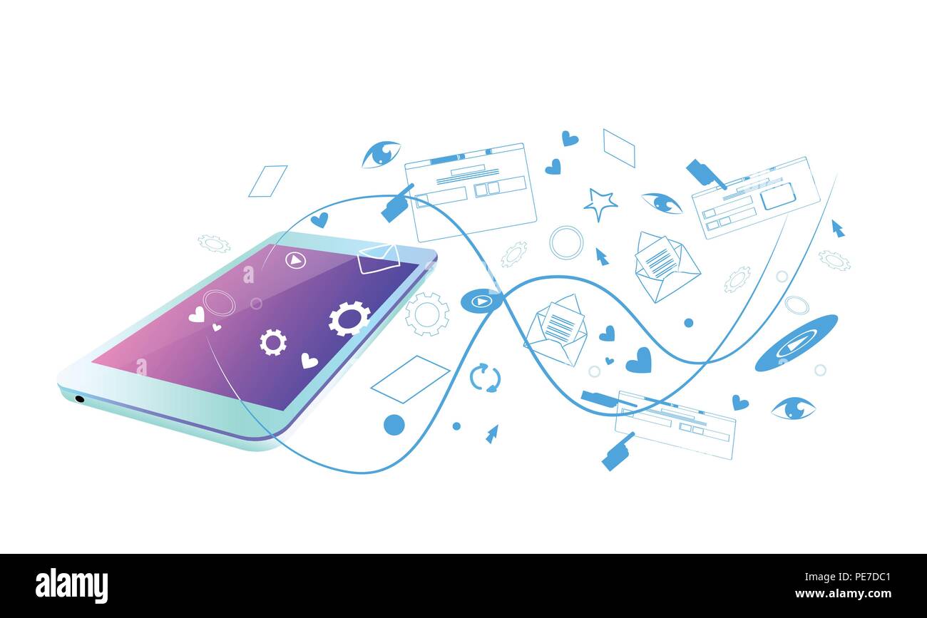 web browsing mobile app screen synchronization online application social network streaming sketch doodle horizontal Stock Vector