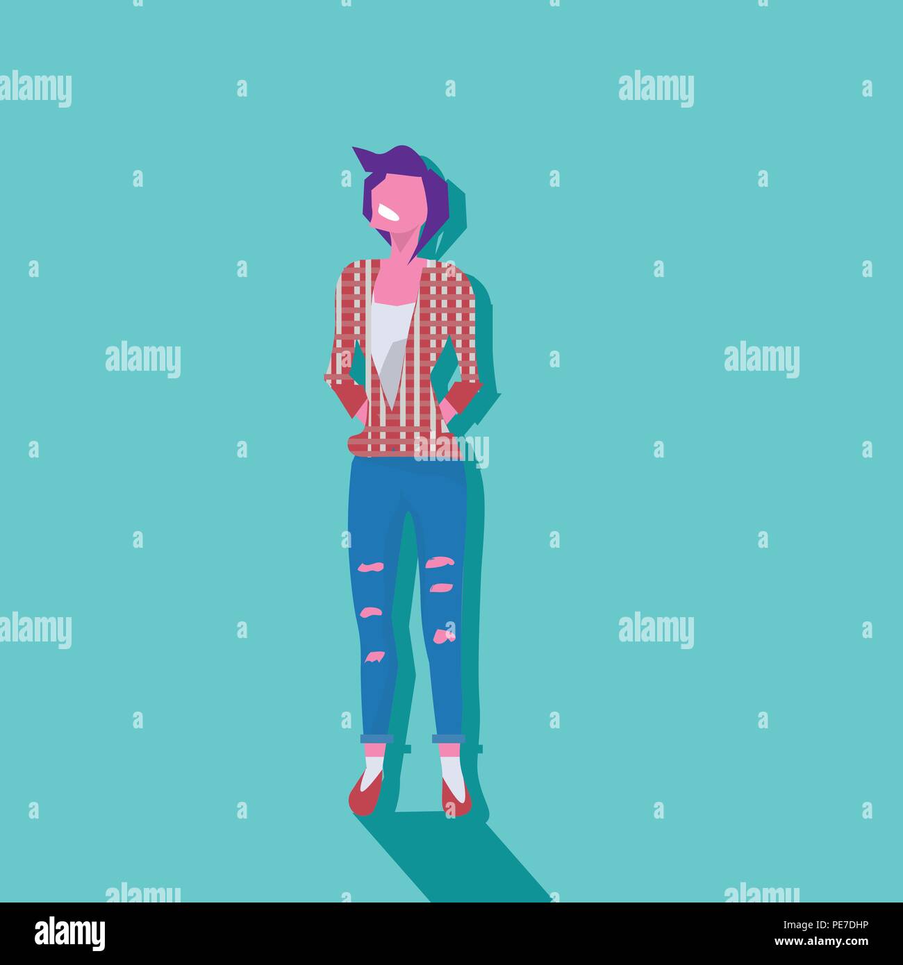 woman violet hair hipster hand in pocket standing pose female cartoon character full length flat Stock Vector