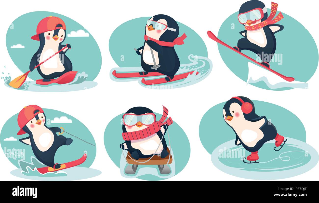 Activity in winter. Activity in summer icon. Penguin vector illustration set Stock Vector