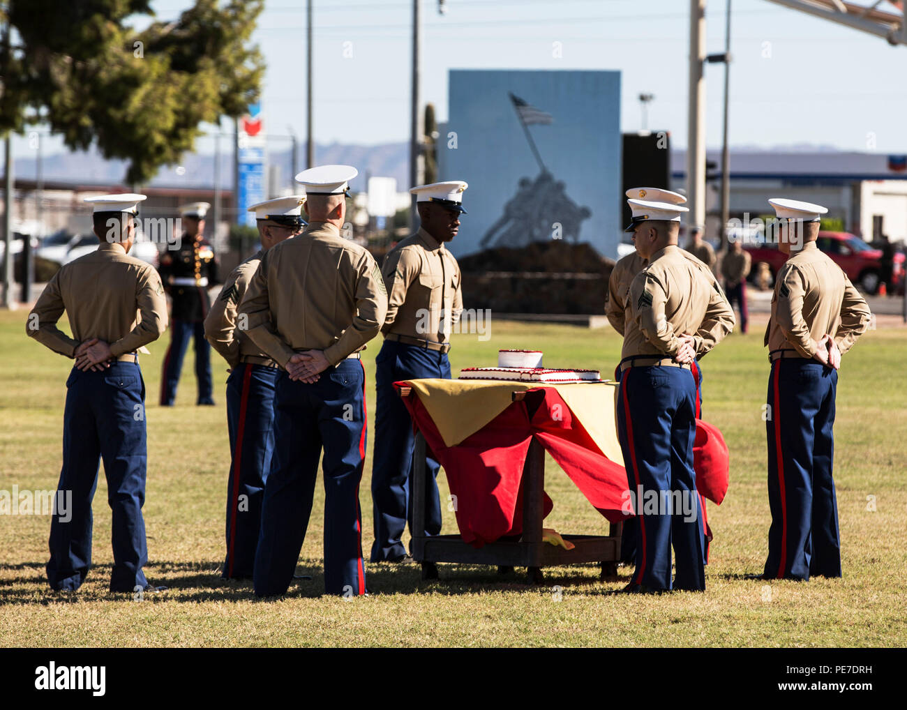 Marines participate in the annual uniform pageant and cake cutting ceremony at the parade field aboard Marine Corps Air Station Yuma, Ariz., Friday, Nov. 6, 2015. The ceremony celebrated the Marine Corps’ 240th birthday and paid tribute to past generations of Marines. Stock Photo