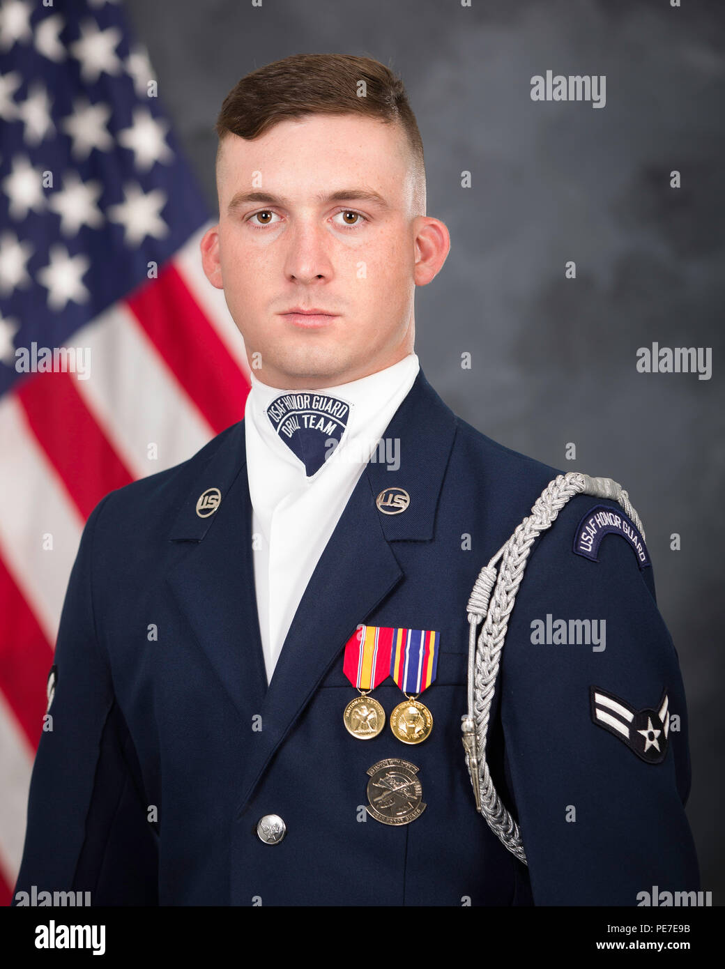 An official portrait of a U.S. Air Force Honor Guard Drill Team member  taken at Joint Base Anacostia-Bolling on Oct. 9, 2015. The image represents  precision drill performance, ceremonial duties, Air Force