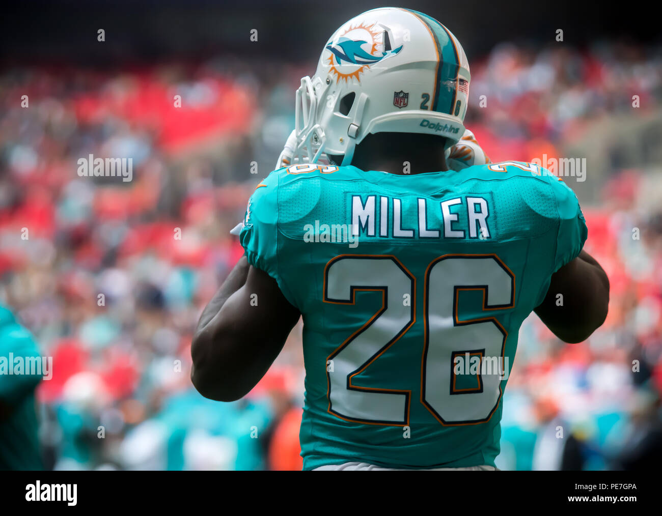 Lamar Miller (26), Miami Dolphins running back, straps on his ...