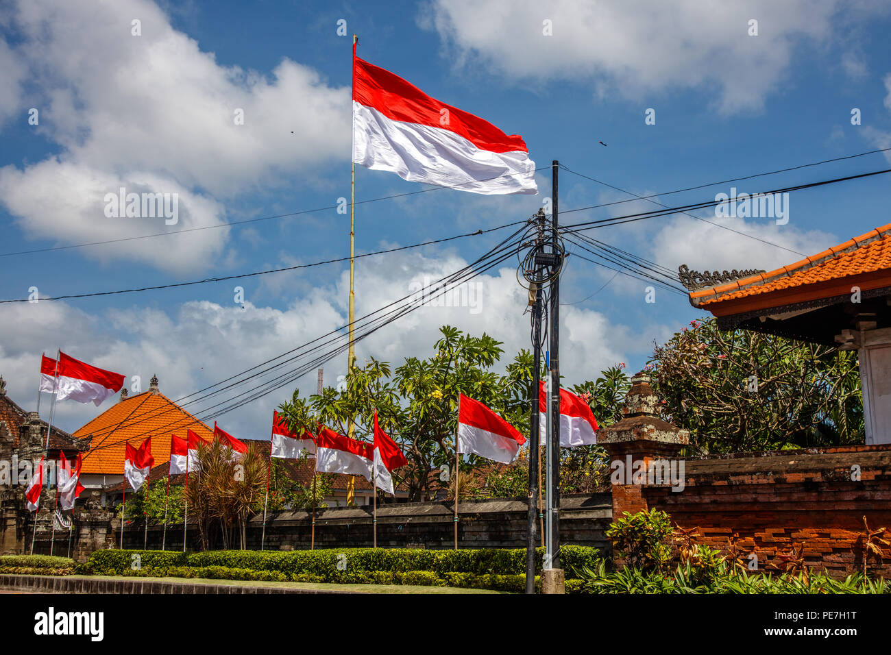 Flags at the streets of Bali before celebration on Indonesian