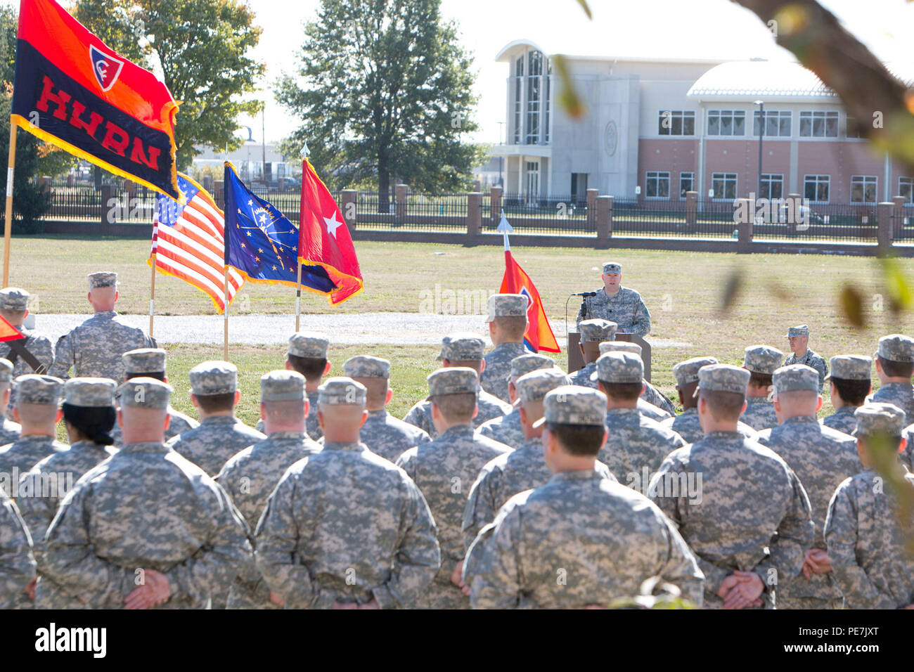 Indiana Army National Guard Lt. Col. David Skalon speaks at the change of ceremony for the 38th Infantry Division’s headquarters battalion in Indianapolis, Saturday, Oct. 17, 2015. Skalon took command from Lt. Col. Walter Finney who had commanded the battalion since 2013. (Photo by Sgt. 1st Class Gary Nelson) Stock Photo