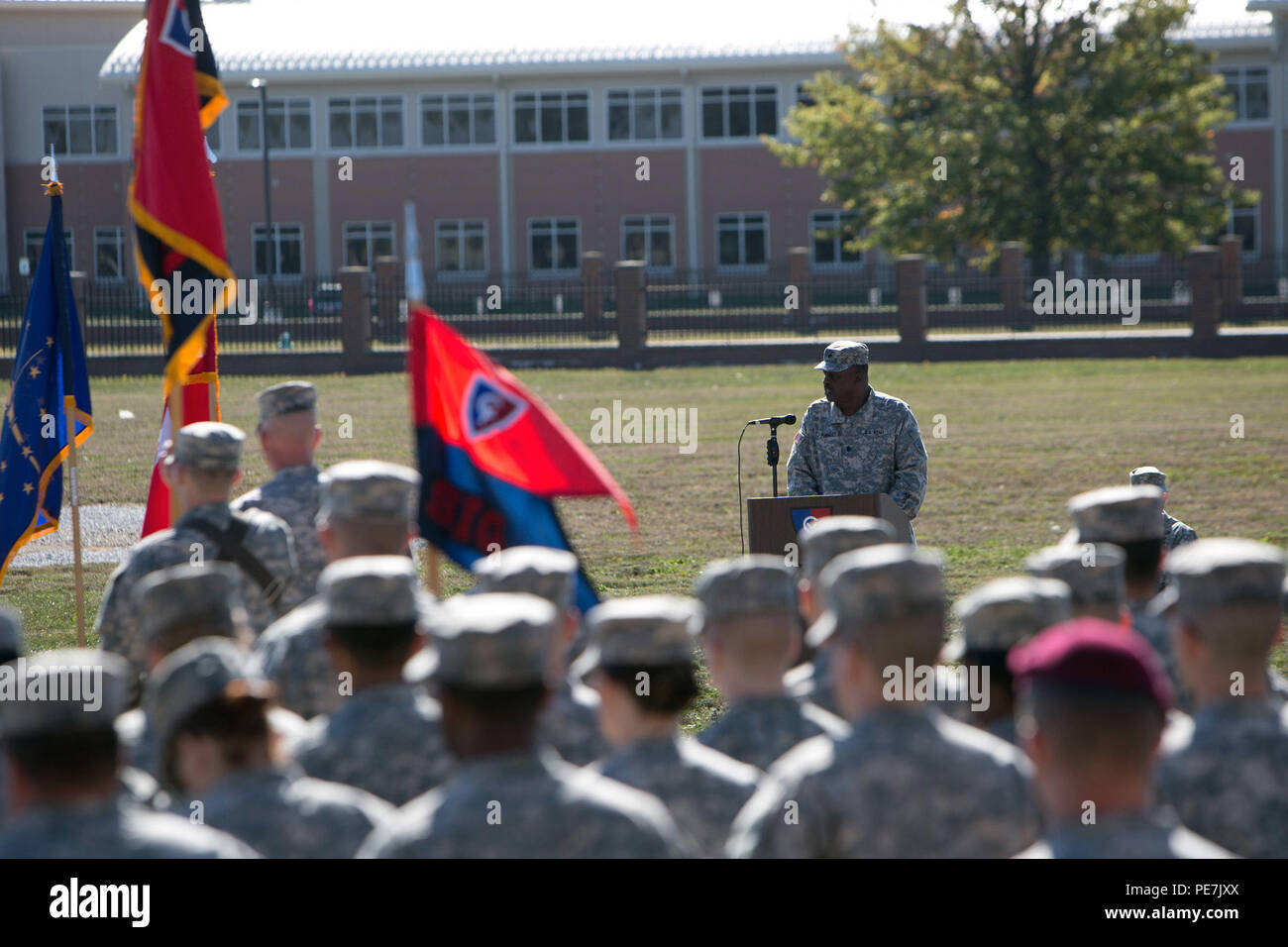 Indiana Army National Guard Lt. Col. Walter Finney speaks at the change of ceremony for the 38th Infantry Division’s headquarters battalion in Indianapolis, Saturday, Oct. 17, 2015. Finney relinquished command to Lt. Col. David Skalon. (Photo by Sgt. 1st Class Gary Nelson) Stock Photo