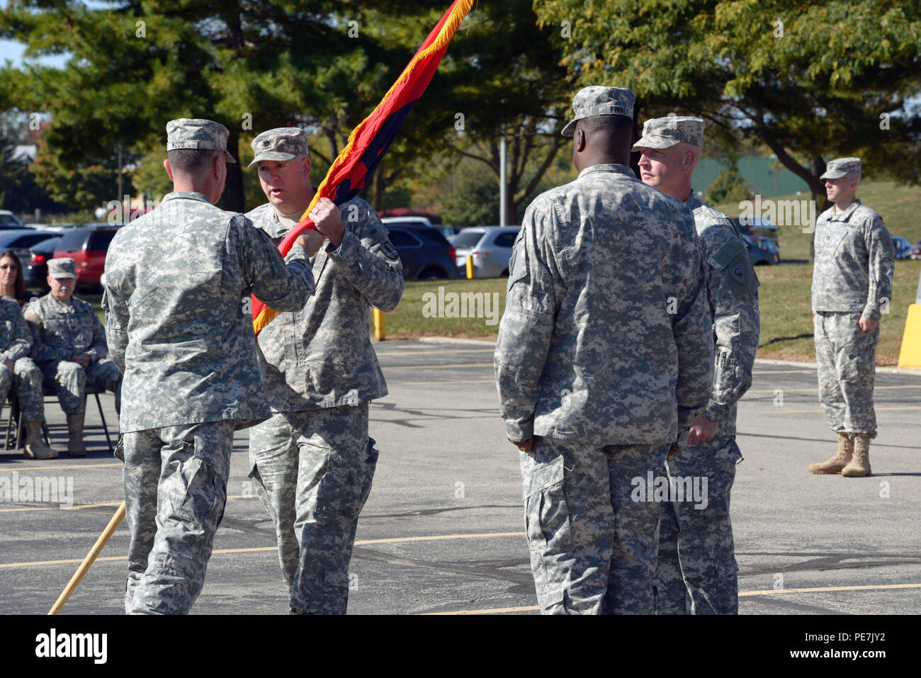Indiana Army National Guard Lt. Col. David Skalon receive the colors of the 38th Infantry Division Headquarters and Headquarters Battalion from Maj. Gen. David C. Wood, the 38th ID commanding general, during the battalion’s command change ceremony, Saturday, Oct. 17, 2015. (Photo by Sgt. 1st Class Jeff Lowry) Stock Photo