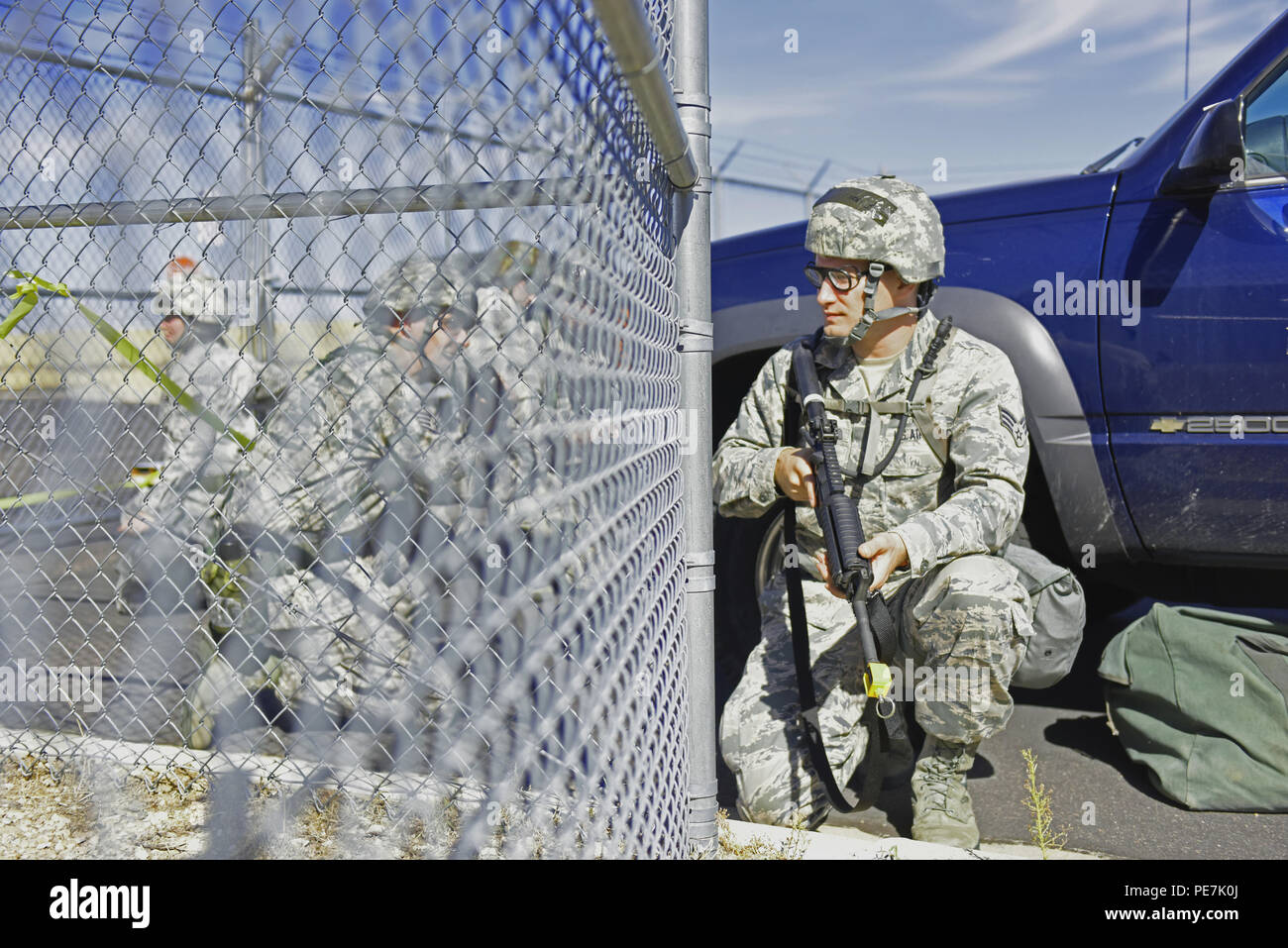 U S Air Force Senior Airman Joshua Jorgensen 140th Civil Engineer Squadron Colorado Air National Guard Secures The Base Perimeter During A Wing Wartime Readiness Inspection Buckley Air Force Base Colo Oct 17