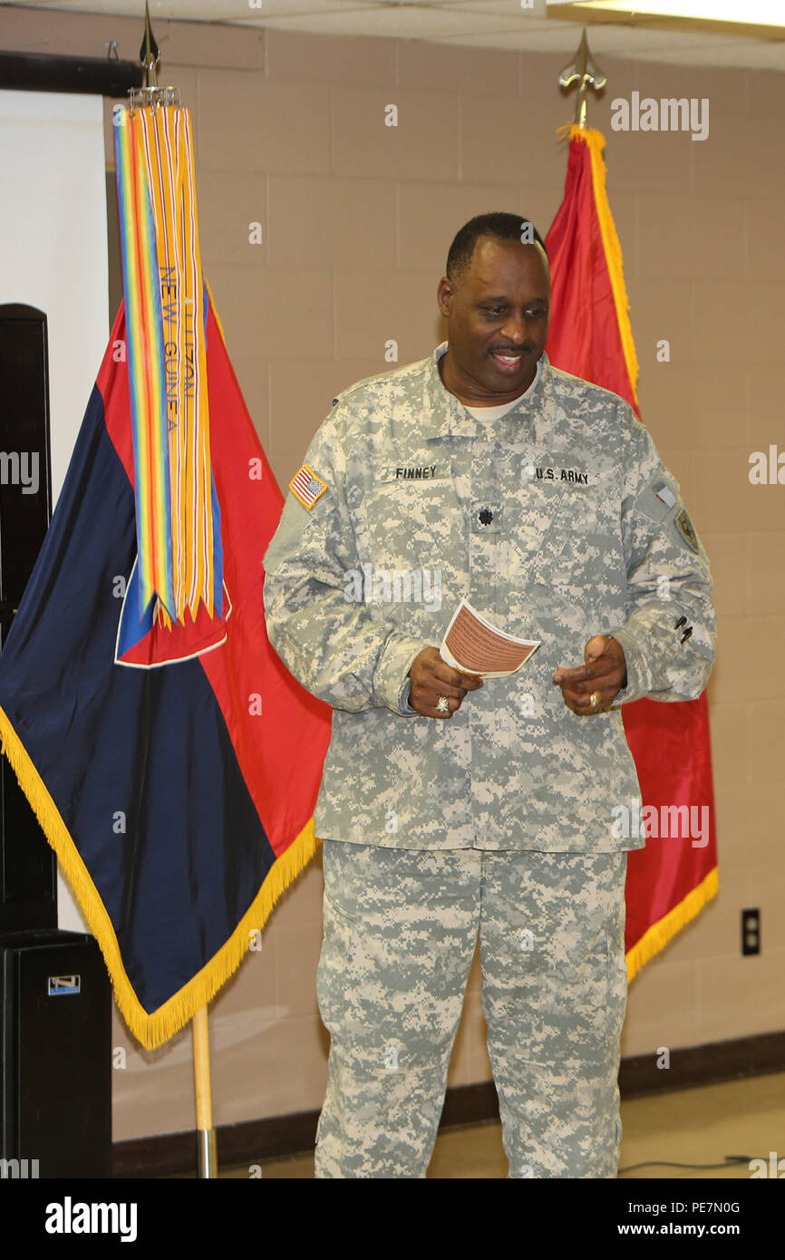 Indiana Army National Guard Lt. Col. Walter Finney speaks at his retirement ceremony at the Cyclone Division Armory in Indianapolis, Saturday, Oct. 17, 2015. Finney retired with 30 years in the Indiana National Guard last serving as the 38th Infantry Division’s headquarters battalion’s commander. (Photo by Sgt. 1st Class Gary R. Nelson) Stock Photo