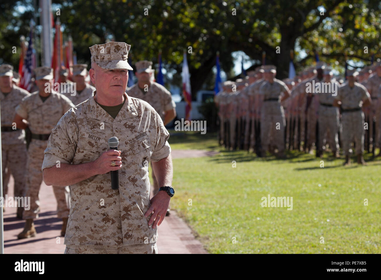 U.S. Marine Corps Maj. Gen. Walter L. Miller, Jr, commanding general, II Marine Expeditionary Force (II MEF), gives his remarks during the II MEF change of command ceremony on Camp Lejeune, N.C., Oct. 22, 2015. Maj. Gen. William D. Beydler, off going commanding general, II MEF, relinquished command to Miller, Jr. (U.S. Marine Corps photo by Lance Cpl. Chloe Nelson, 2nd MARDIV, Combat Camera/Released) Stock Photo