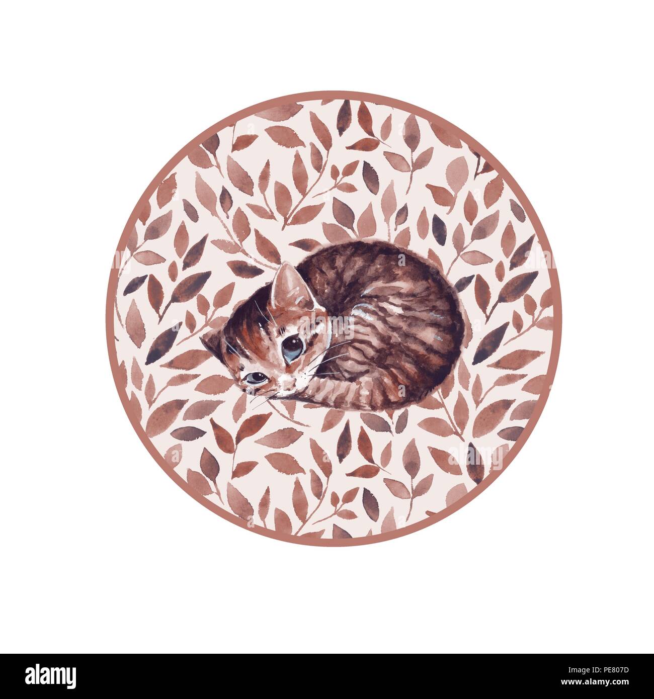 Sleepy cat. Cute watercolor illustration with kitten. Circle floral background Stock Photo