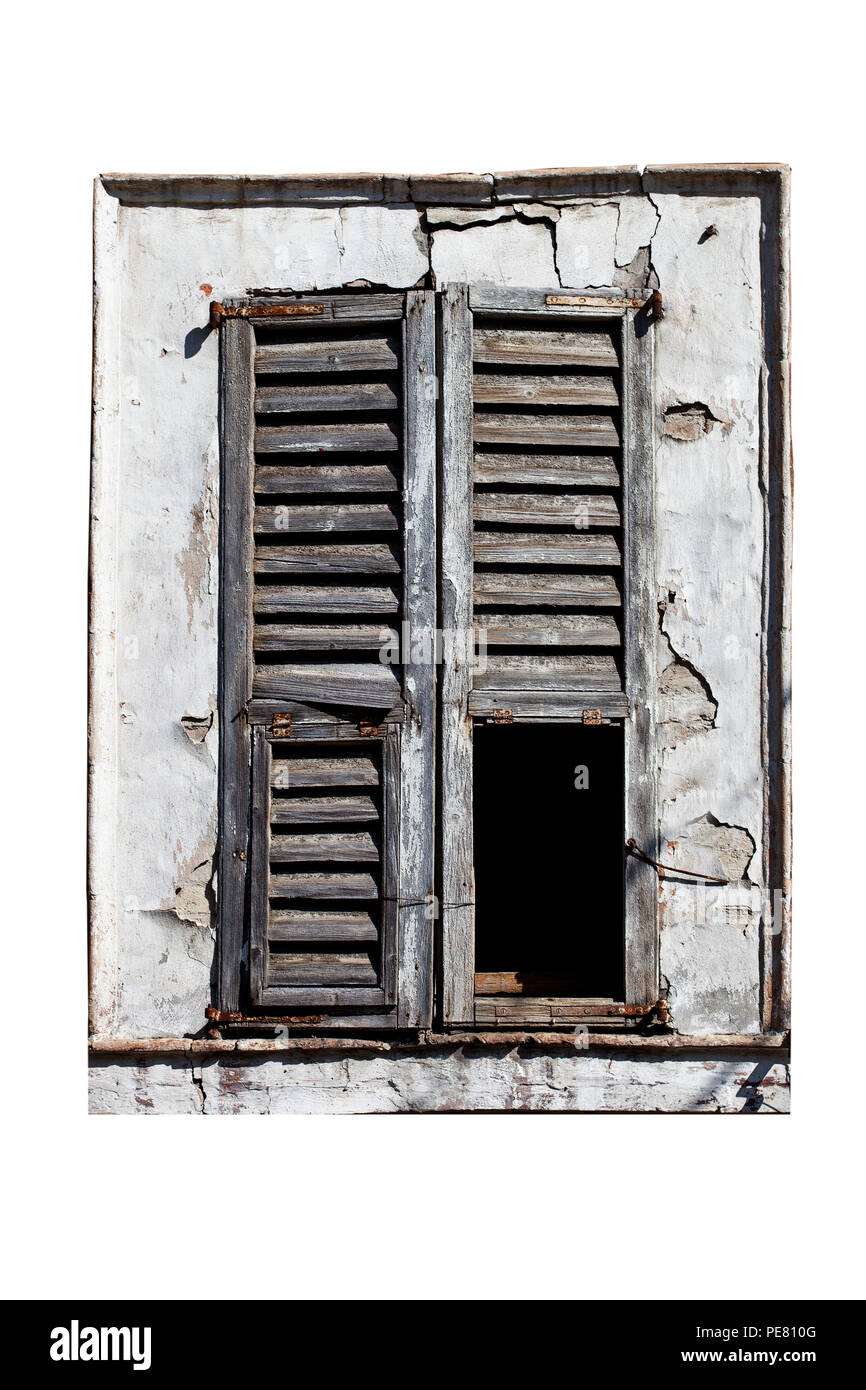 closed window with old wood shutters on white background Stock Photo