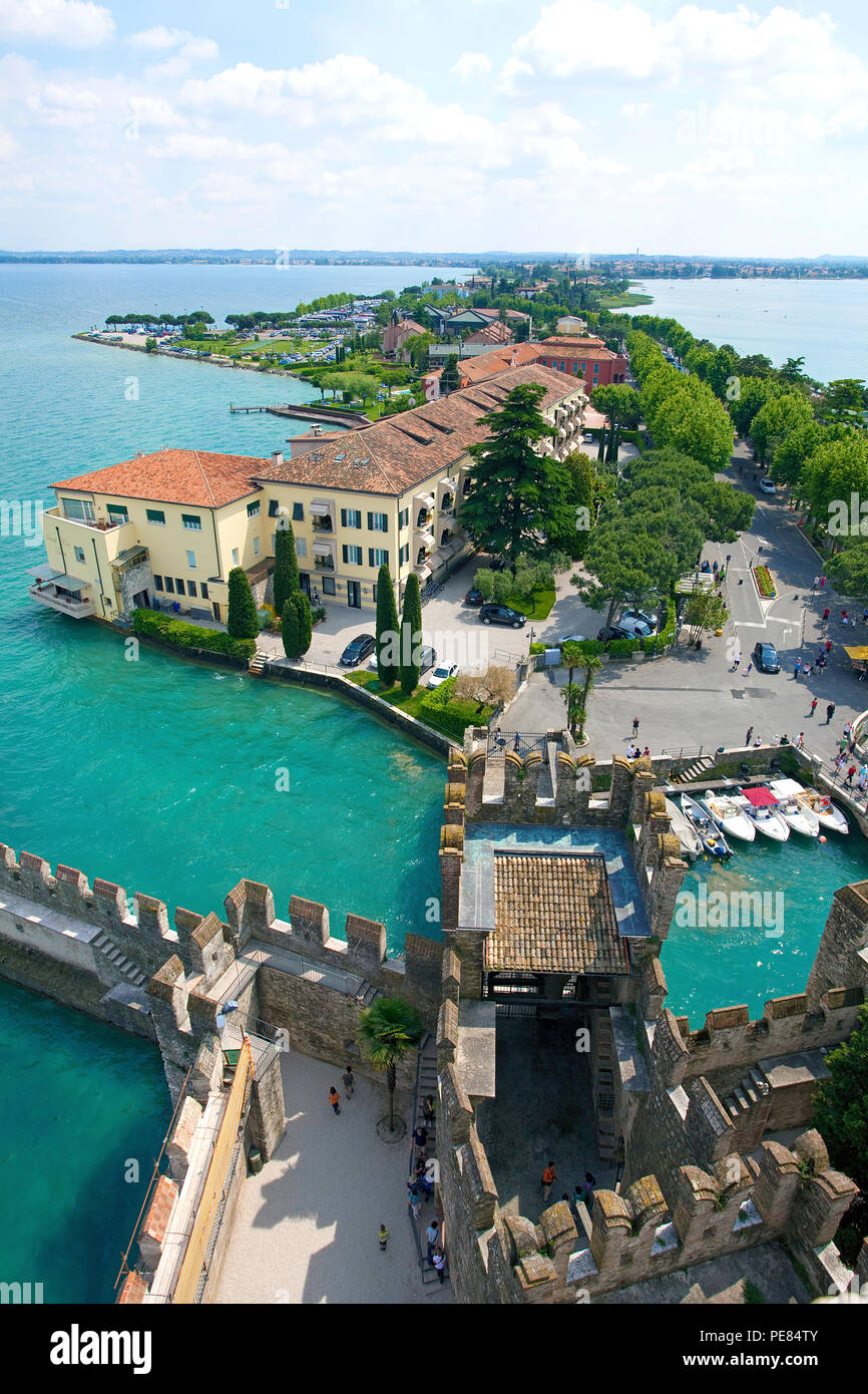 View from Scaliger castle on harbour and old town of Sirmione, Lake Garda, Lombardy, Italy Stock Photo