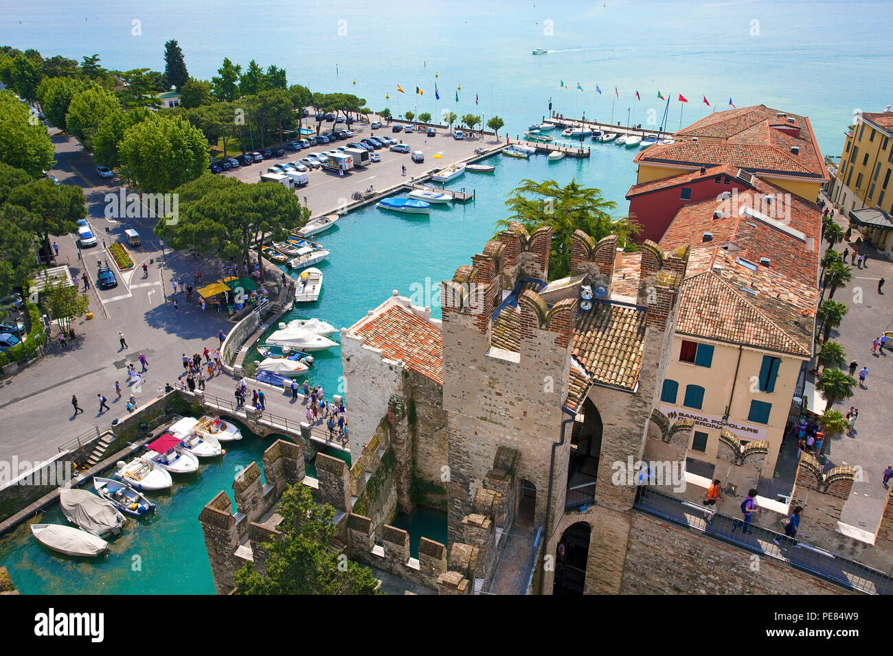 View from Scaliger castle on harbour and old town of Sirmione, Lake Garda, Lombardy, Italy Stock Photo