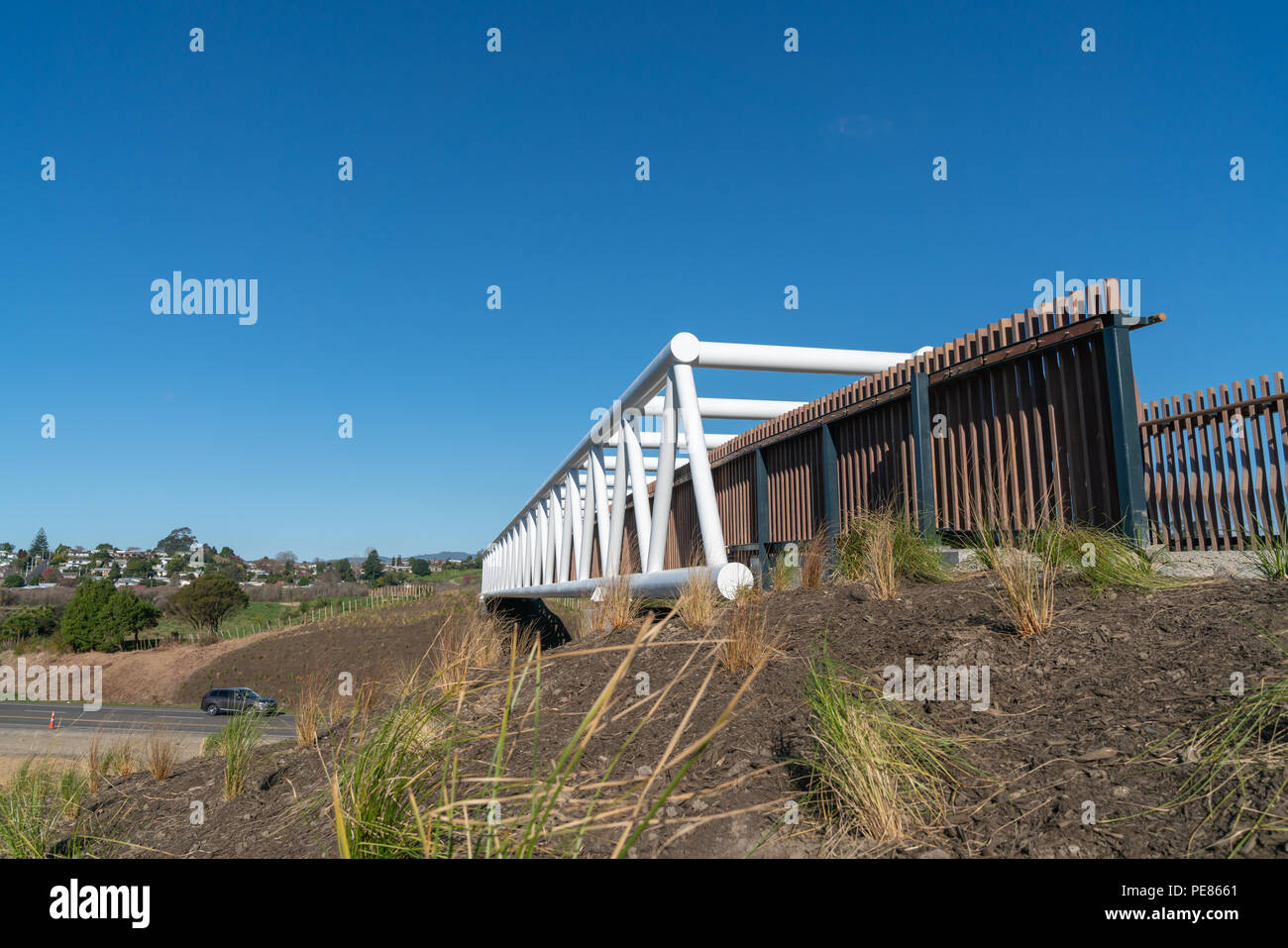 TAURANGA, NEW ZEALAND AUGUST 12 2018; White steel Takitimu Drive Over bridge is elevated
