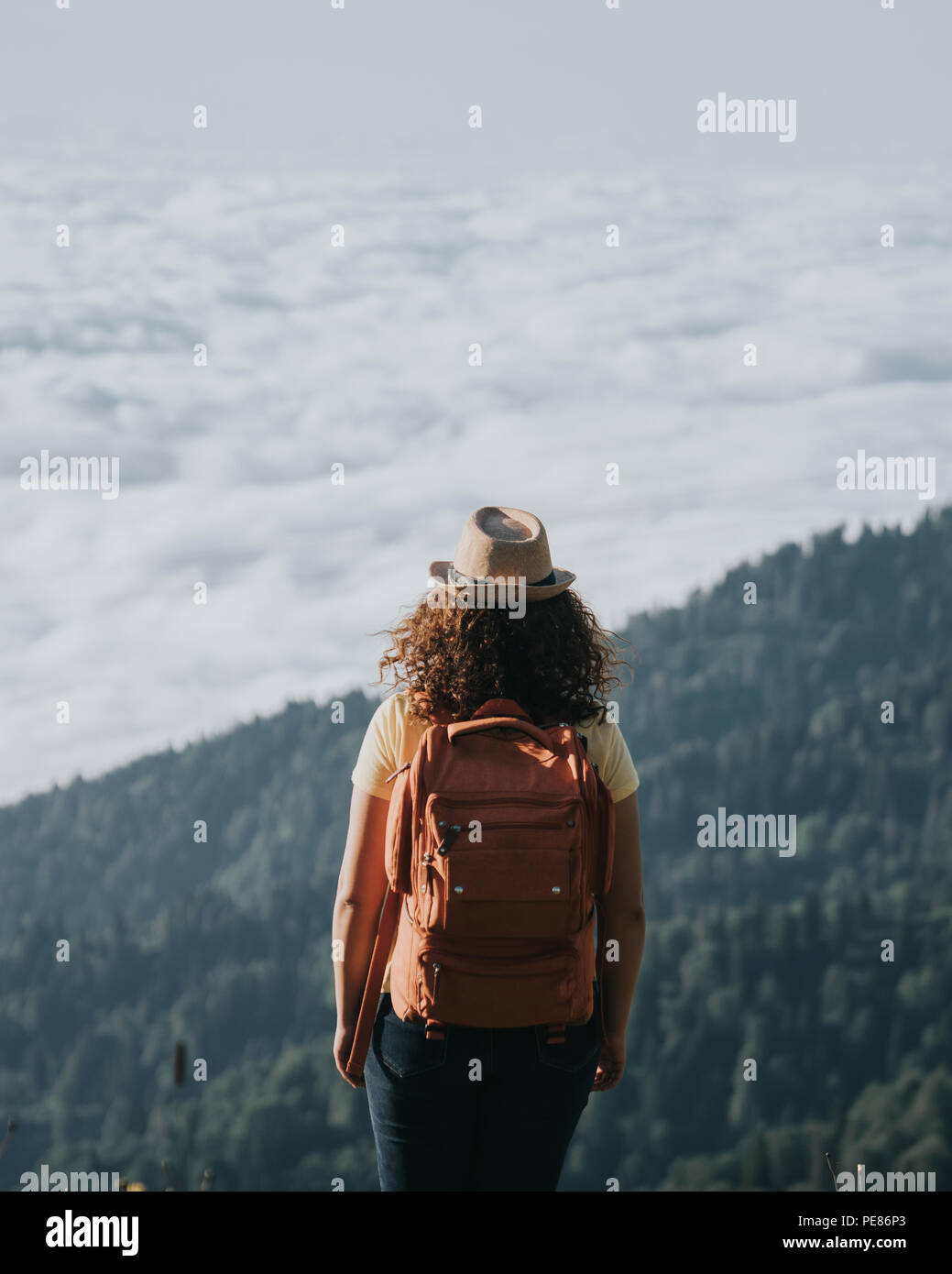 Woman traveler hipster with backpack looking forward at amazing mountains and valley view Stock Photo