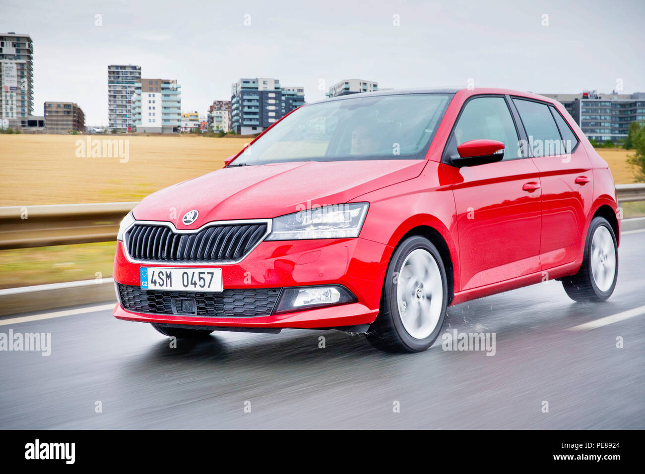 Third generation of the small car, comprehensively modernised Skoda Fabia  1.0 TSI during the dynamic press launch in Prague, Czech Republic, August 1  Stock Photo - Alamy