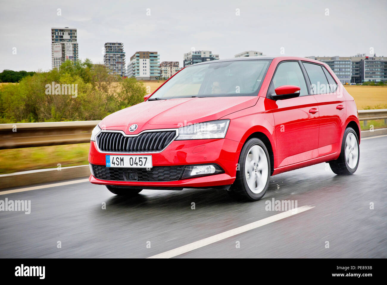 Third generation of the small car, comprehensively modernised Skoda Fabia  1.0 TSI during the dynamic press launch in Prague, Czech Republic, August 1  Stock Photo - Alamy