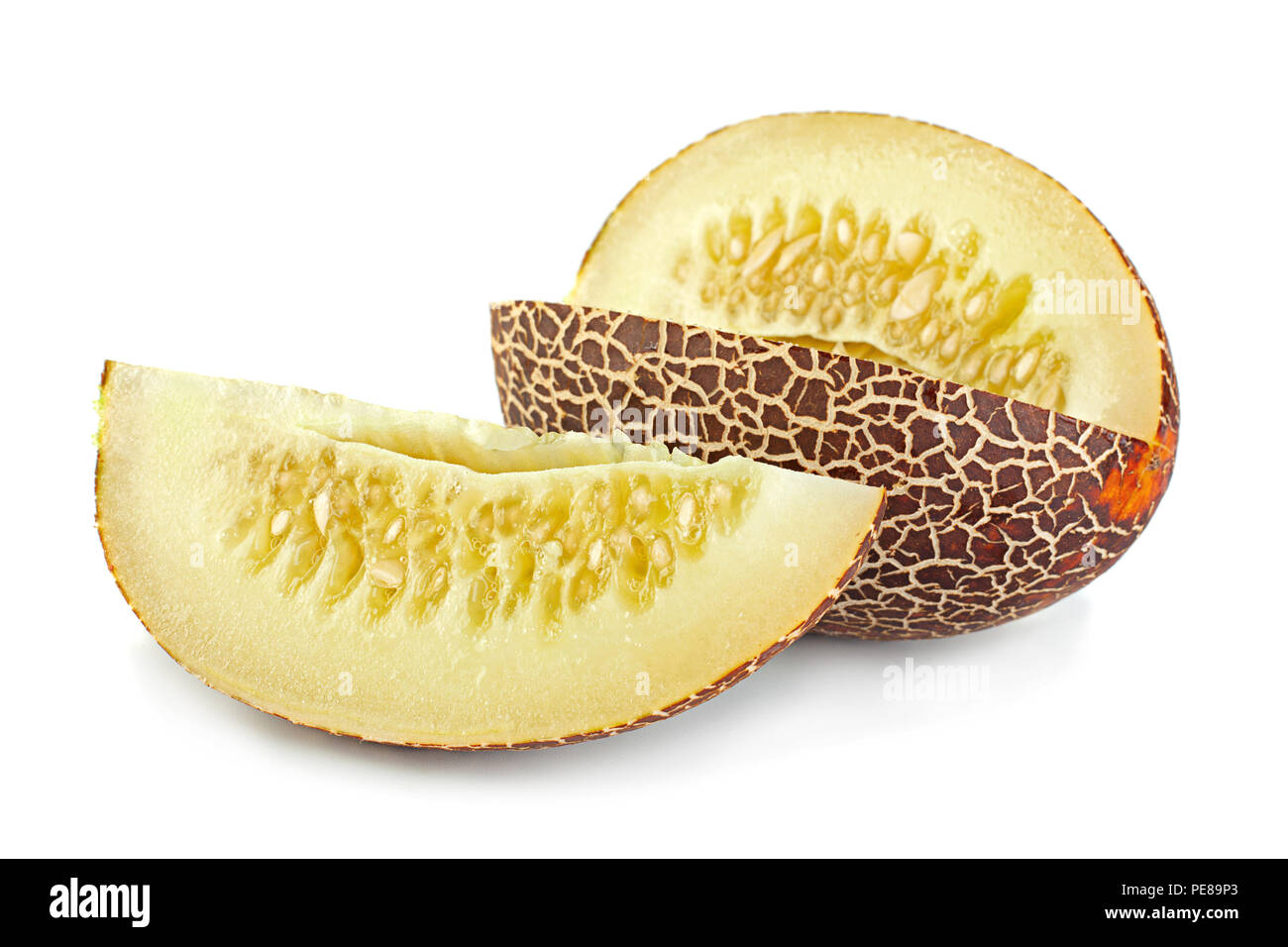 Hybrid Melon and cucumber closeup isolated on white background Stock