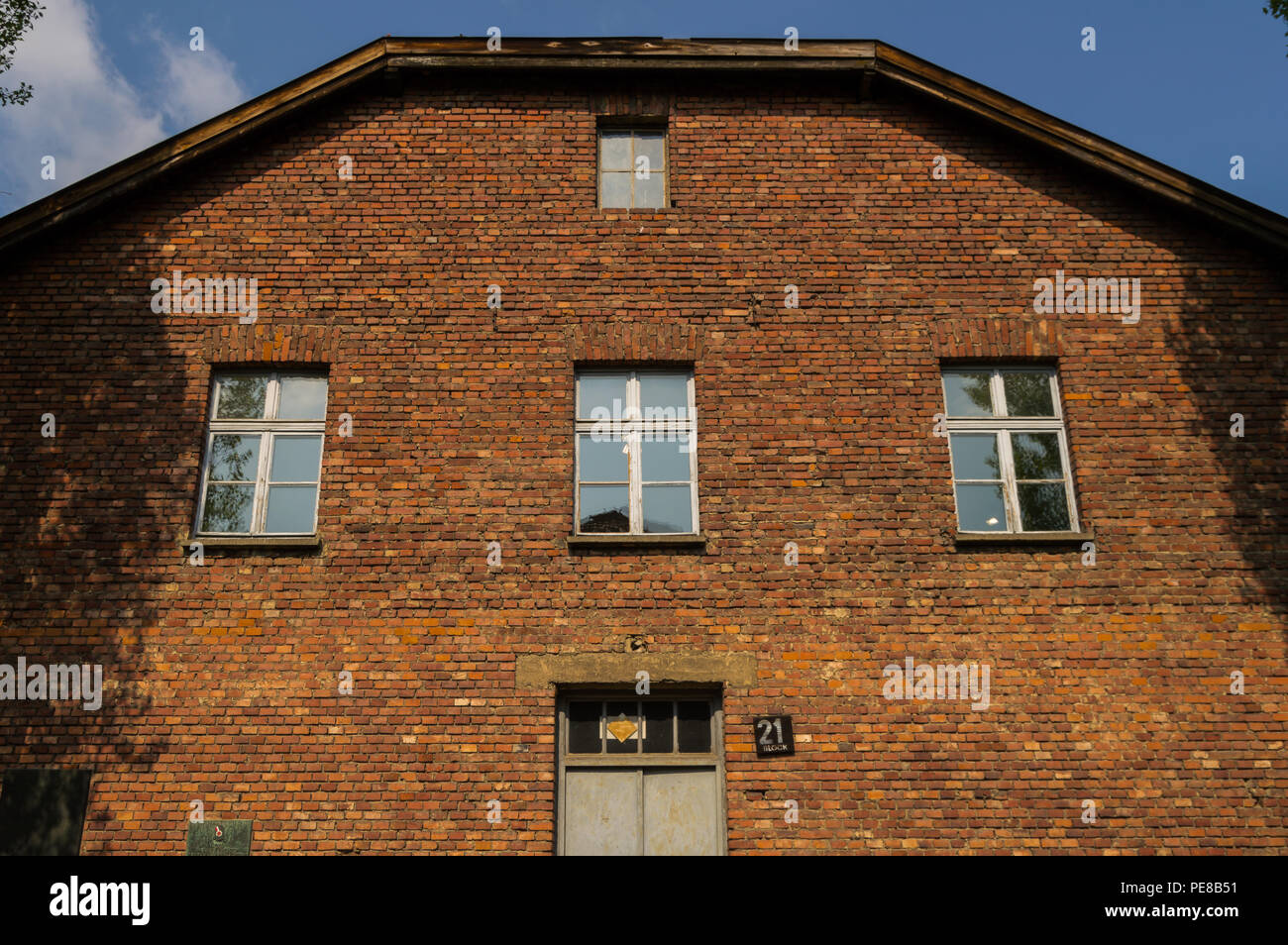 Main facade of block 21 located in Auschwitz, nazi concentration camp in Oswiecim, Poland. Building used by Doctor Mengele to experiment with people. Stock Photo