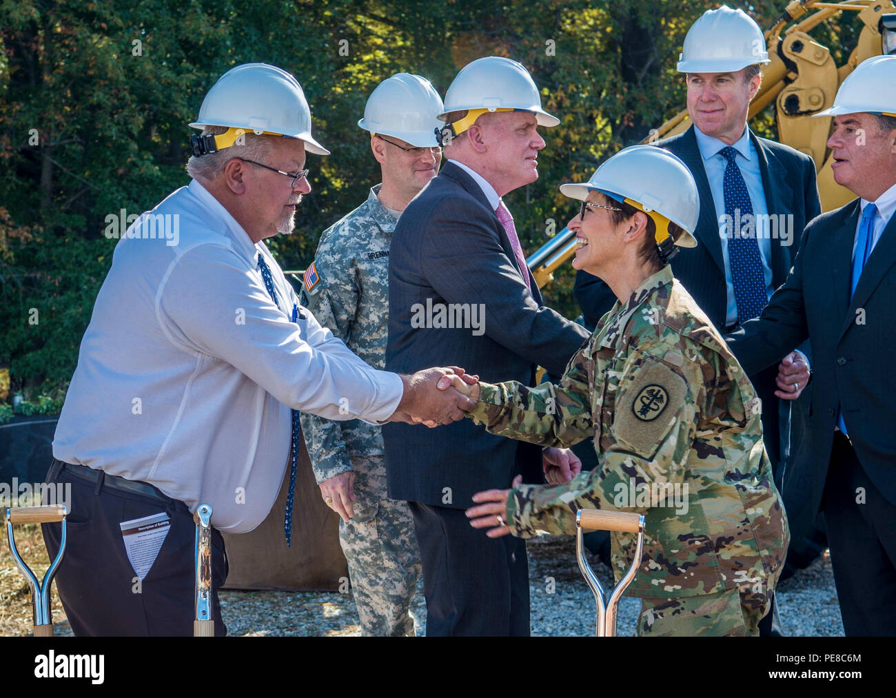 APHC Groundbreaking Ceremony. The Army Surgeon General, Lt. Gen. Patricia Horoho shakes hands with Michael Baker, assistant to Congressman Ruppersberger. Stock Photo