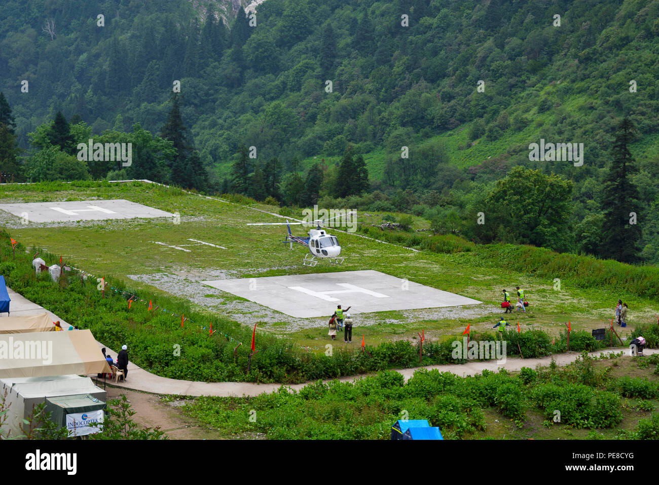 Helicopter landing on Helipad, Ghangaria, Uttarakhand, India Stock Photo