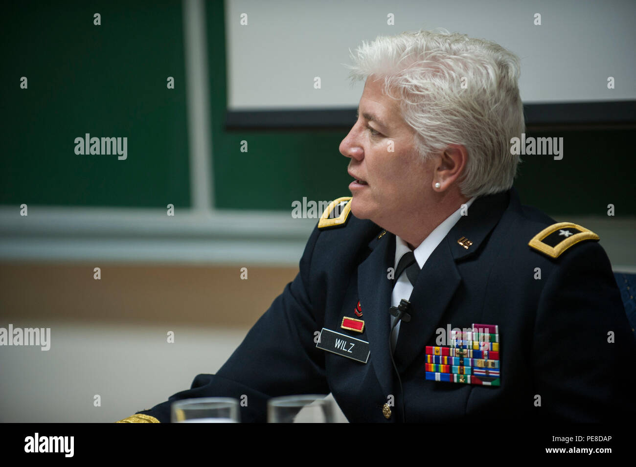 U.S. Army Brig. Gen. Giselle Wilz, NATO Headquarters Sarajevo commander, speaks to students at the University of Tuzla's Faculty of Law in Tuzla, Bosnia and Herzegovina, Oct. 26, 2015. Wilz spoke about NATO and NHQSa's mission before answering questions from students. (U.S. Air Force photo by Staff Sgt. Clayton Lenhardt/Released) Stock Photo