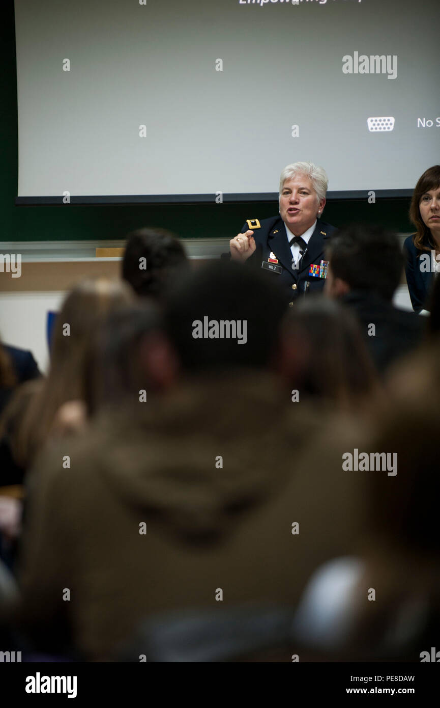 U.S. Army Brig. Gen. Giselle Wilz, NATO Headquarters Sarajevo commander, speaks to students at the University of Tuzla's Faculty of Law in Tuzla, Bosnia and Herzegovina, Oct. 26, 2015. Wilz visited the university to meet with students and discuss the benefits of being a member of NATO. (U.S. Air Force photo by Staff Sgt. Clayton Lenhardt/Released) Stock Photo