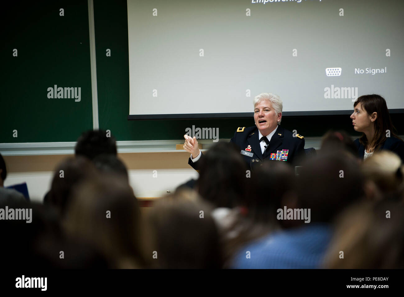 U.S. Army Brig. Gen. Giselle Wilz, NATO Headquarters Sarajevo commander, speaks to students at the University of Tuzla's Faculty of Law in Tuzla, Bosnia and Herzegovina, Oct. 26, 2015. Wilz spoke about NATO and NHQSa's mission before answering questions from students. (U.S. Air Force photo by Staff Sgt. Clayton Lenhardt/Released) Stock Photo