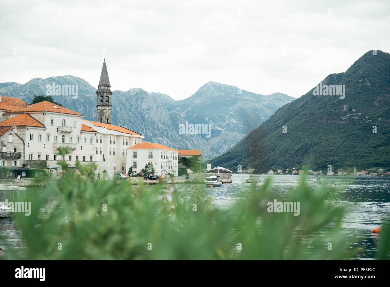 Weather Perast beautiful view of Perast town in Montenegro. overcast weather Stock ...